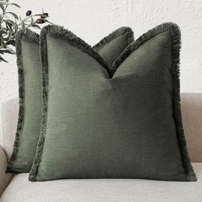Foindtower Decorative Linen Fringe Throw Pillow Covers 20×20 Olive Green