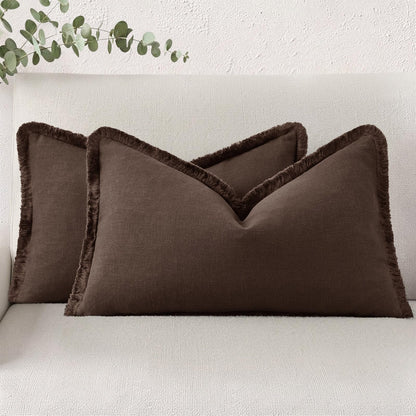 decorUhome Linen Fringe Natural Beige Throw Pillow Covers 18x18 Set of 2