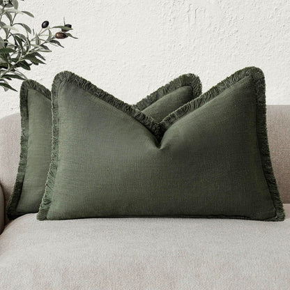 Foindtower Decorative Linen Fringe Throw Pillow Covers 20×20 Olive Green