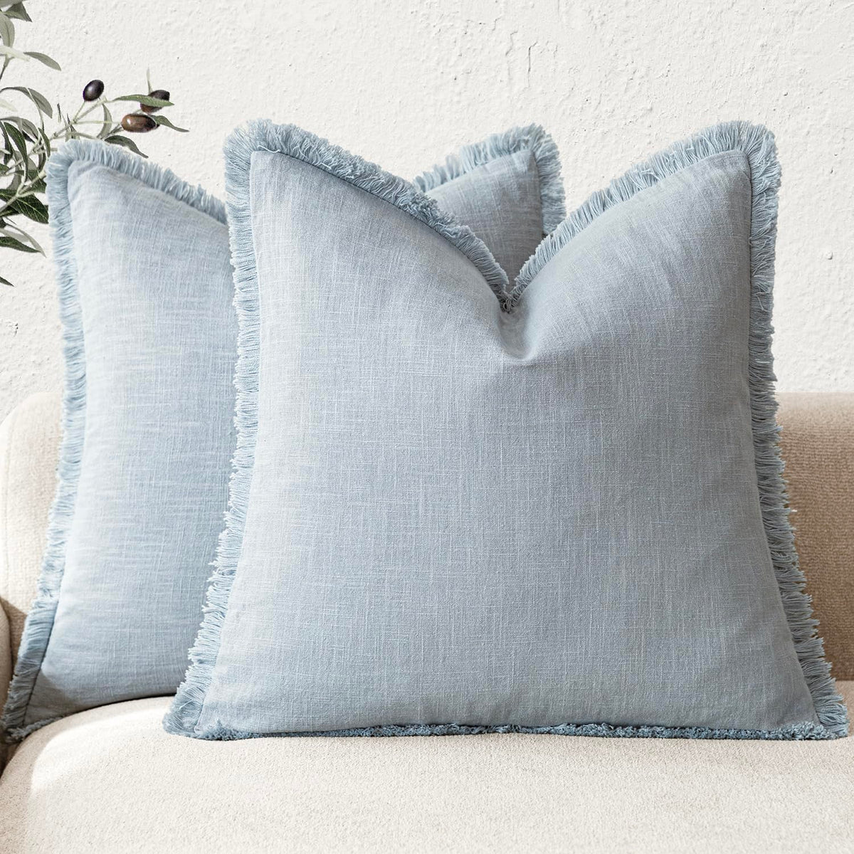 Foindtower Decorative Linen Fringe Throw Pillow Covers 20×20 Olive Green