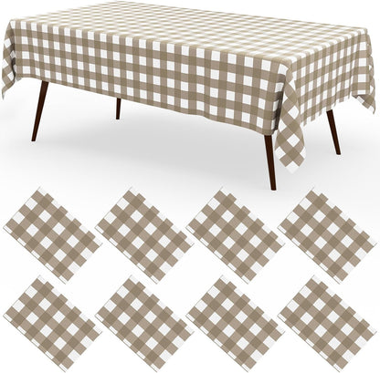 misaya 8 Packs Buffalo Disposable Table Cloth, 54 x 108 Inch Waterproof Plastic Tablecloth, Rectangle Khaki and White Checkered Table Covers for Picnic, Birthday, Party