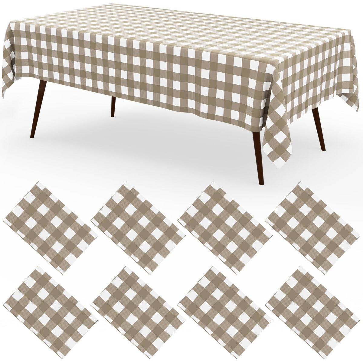 misaya 8 Packs Buffalo Disposable Table Cloth, 54 x 108 Inch Waterproof Plastic Tablecloth, Rectangle Khaki and White Checkered Table Covers for Picnic, Birthday, Party
