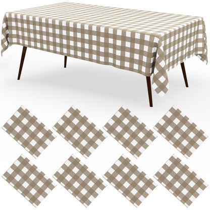 misaya 8 Packs Buffalo Disposable Table Cloth, 54 x 108 Inch Waterproof Plastic Tablecloth, Rectangle Khaki and White Checkered Table Covers for Picnic, Birthday, Party