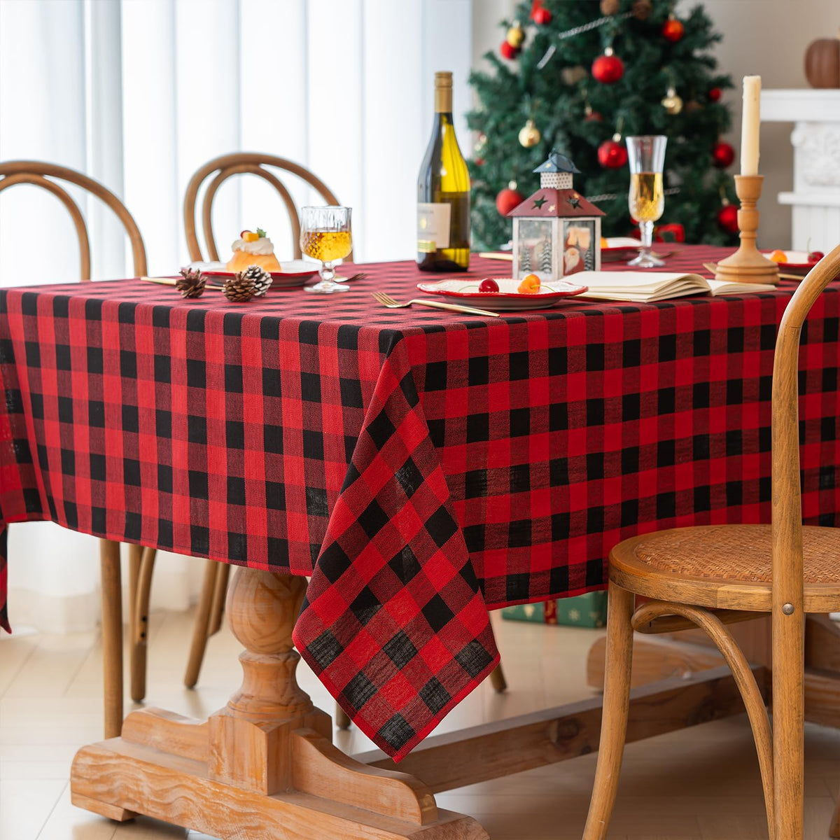 Gingham Tablecloth Rectangle Table Cloth Heavy Duty Cotton Checkered Table Cover for Spring Picnic Kitchen Dining(C-Beige, 52x70 inch)