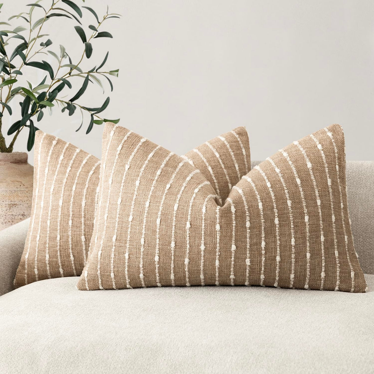 Foindtower Decorative Striped Boucle Throw Pillow Covers 18x18 Inch Camel