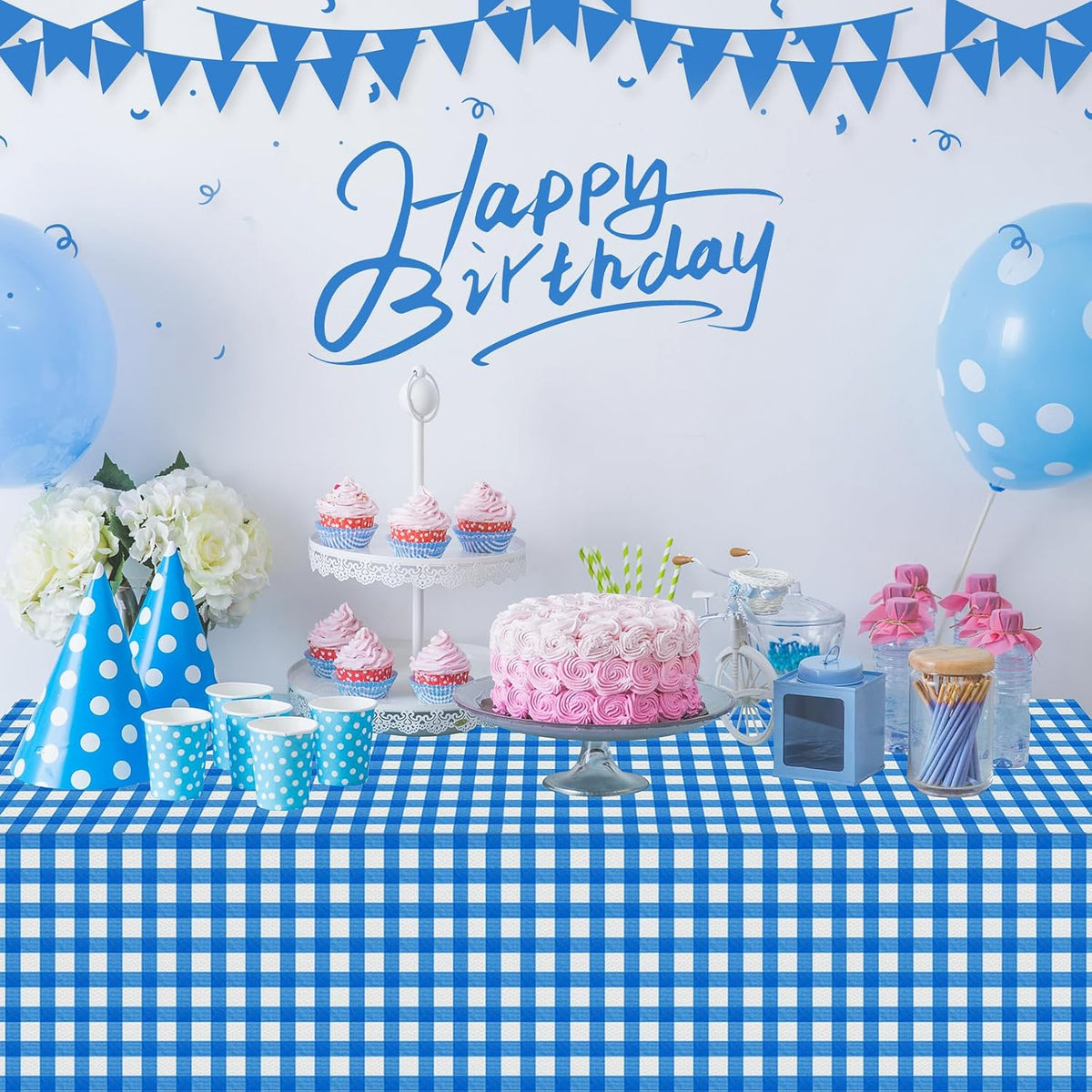 12 Pack Blue and White Plastic Checkered Tablecloth, Premium Decorative Disposable Blue Gingham Plaid Table Cloths for Parties, Rectangle Party Table Cover for Picnic Farm Birthday Wedding, 54x108Inch