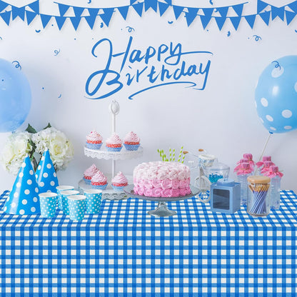 12 Pack Blue and White Plastic Checkered Tablecloth, Premium Decorative Disposable Blue Gingham Plaid Table Cloths for Parties, Rectangle Party Table Cover for Picnic Farm Birthday Wedding, 54x108Inch