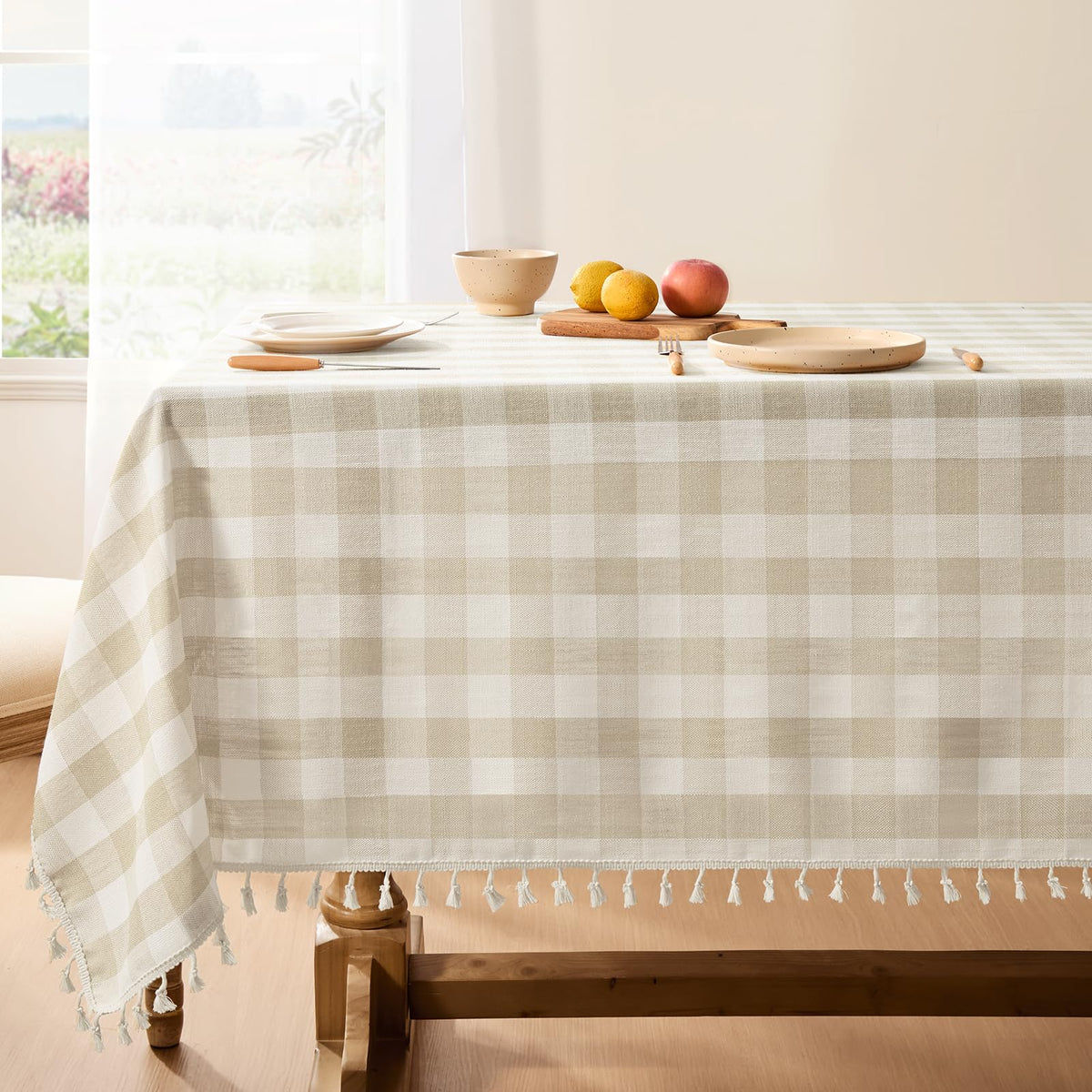 Softalker Gingham Rectangle Tablecloth with Tassel, Sage Green, 55" x 84"