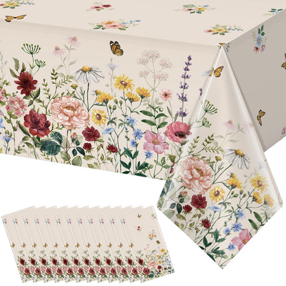 3 Pcs Spring Floral Tablecloth, Butterfly Wildflower Plastic Disposable Tablecloth Rectangle Table Covers for Easter, Birthday, Wedding, Mothers Day Tea Party Supplies and Decorations,54 x 108 Inch