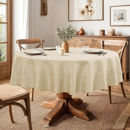 JIUZHEN Round Table Cloth Faux Linen Farmhouse Tablecloth Wrinkle and Stain Resistant Decorative Fabric Table Cover for Kitchen, Dining Room, Parties and Camping, Beige, 120 Inch Round
