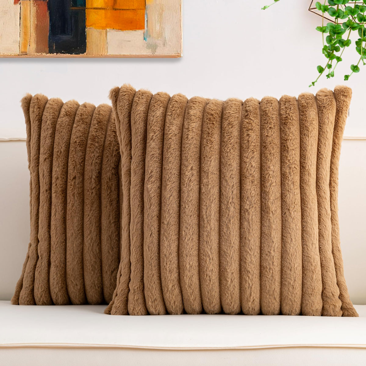 Pack of 2 Faux Fur Christmas Throw Pillow Covers 18x18 Inch, Cream White