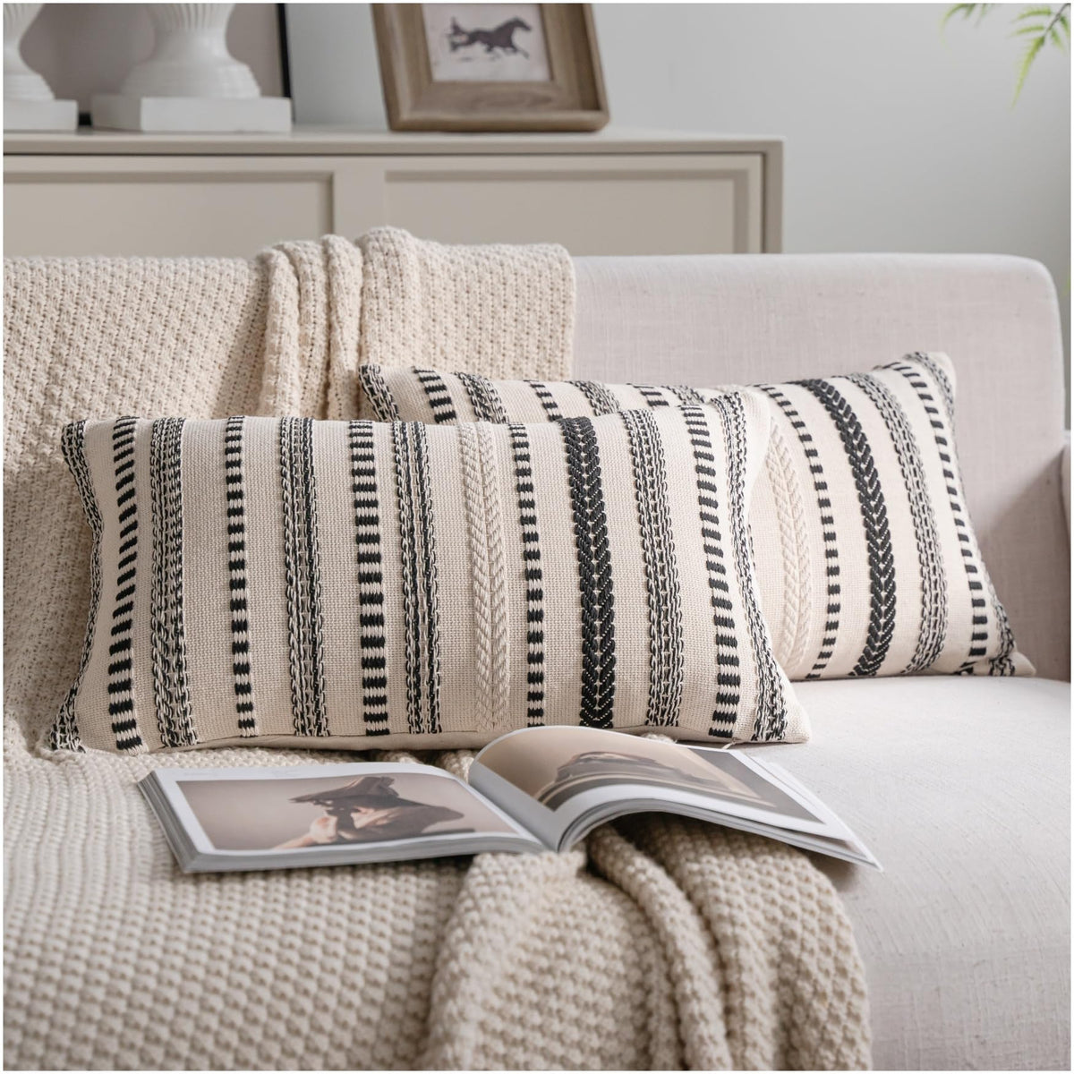 Cethom Navy Blue Boho Throw Pillow Covers 18x18 Inch Set of 2, Stripe Textured Decorative Couch Pillow Cases for Bed, Sofa, Living Room, Bedroom, Farmhouse Home Accent Cushion Covers