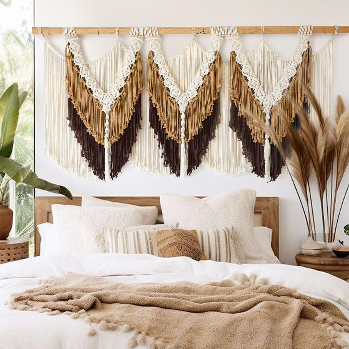 Macrame Wall Hanging Brown Tassel Knotting Fiber Art Boho Decor 47" W*25" L