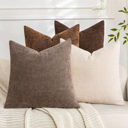 Set of 4 Soft Textured Throw Pillow Covers 18x18 Inch Cozy Decorative Farmhouse Cushion Cover Square Accent Pillow Cases for Bed Couch Sofa Living Room, Beige Taupe Brown