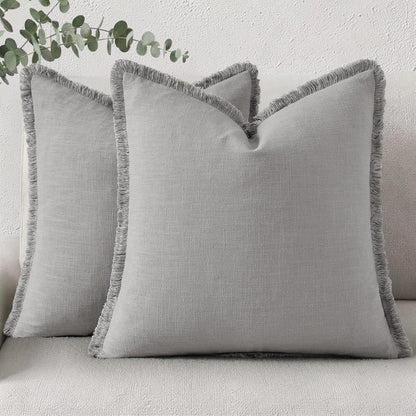 decorUhome Linen Fringe Natural Beige Throw Pillow Covers 18x18 Set of 2