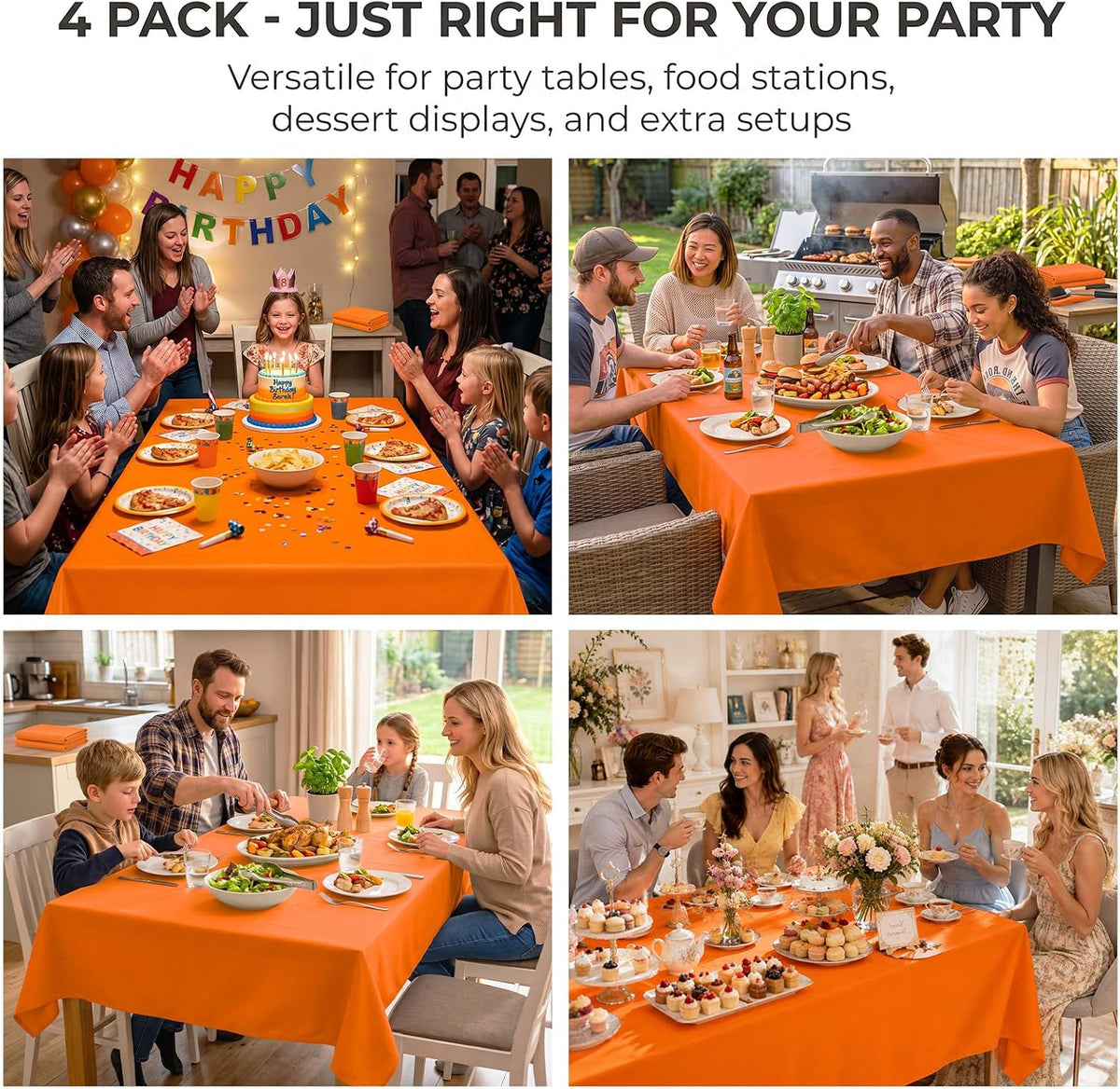 Orange Tablecloth 4 Pack, 54 x 108 Inch Disposable Plastic Table Covers