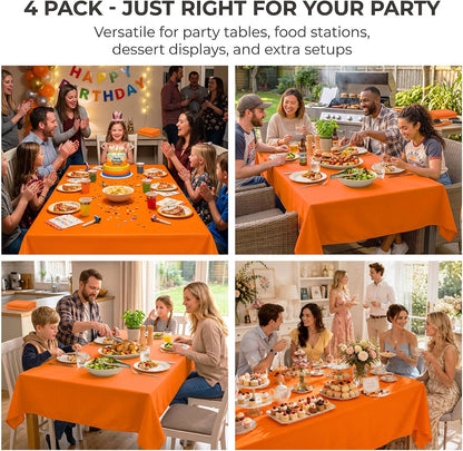 Orange Tablecloth 4 Pack, 54 x 108 Inch Disposable Plastic Table Covers