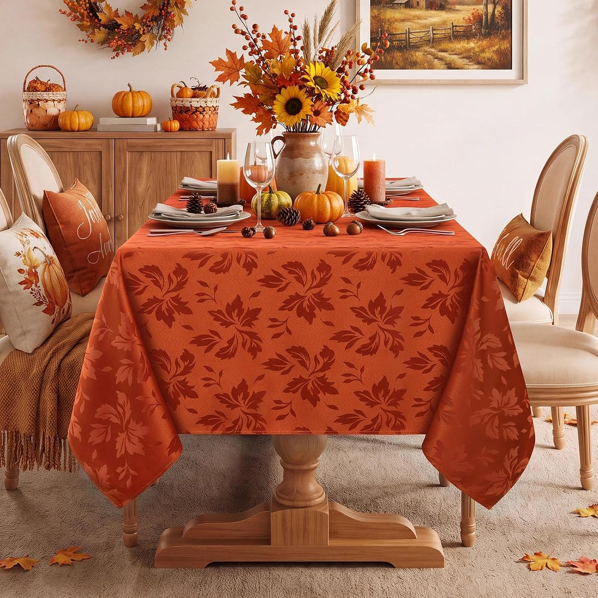 Romanstile Fall Jacquard Rectangle Tablecloth, Thanksgiving Dining Decor