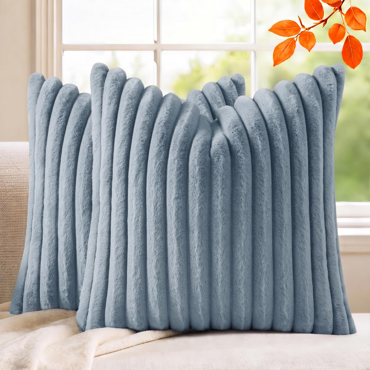 Set of 2 Decorative Throw Pillow Covers 18x18, Faux Fur Cream White