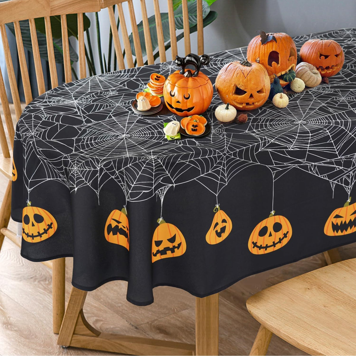 Bnejvif Halloween Tablecloth 60×84 Inch Rectangular,Spiderweb Pumpkin Washable Table Cover for Party Picnic Dinner Decor