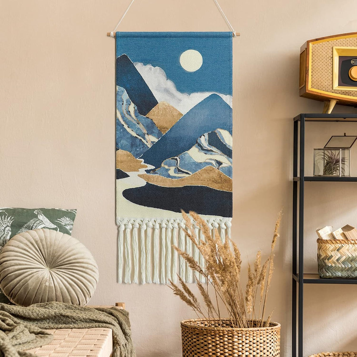 Blue Macrame Woven Wall Hanging Tapestry Boho Wall Art Moon Mountain