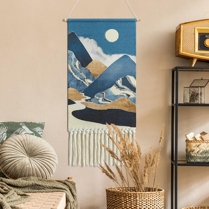 Blue Macrame Woven Wall Hanging Tapestry Boho Wall Art Moon Mountain