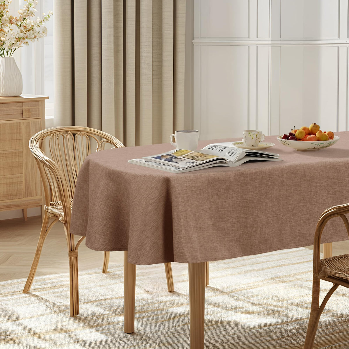 JIUZHEN Round Table Cloth Faux Linen Farmhouse Tablecloth Wrinkle and Stain Resistant Decorative Fabric Table Cover for Kitchen, Dining Room, Parties and Camping, Beige, 120 Inch Round
