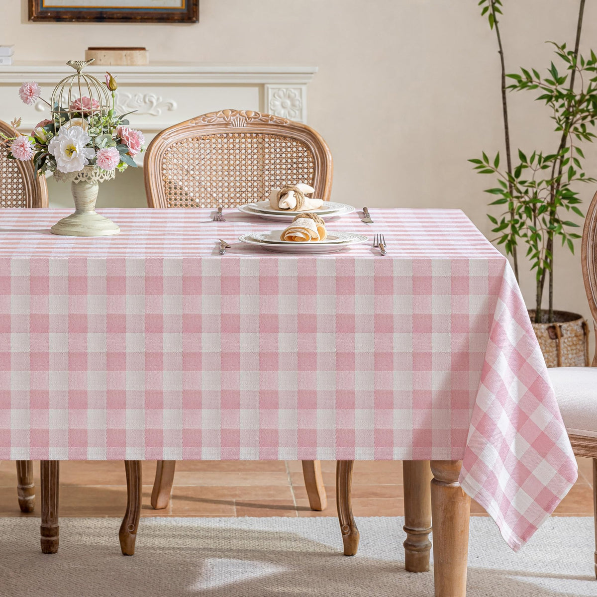 Gingham Tablecloth Rectangle Table, Cotton Linen Style Picnic Checkered Table Cloth Farmhouse Washable Wrinkle Free Buffalo Plaid Table Cover for Outdoor Birthday Party, Pink, 60x75