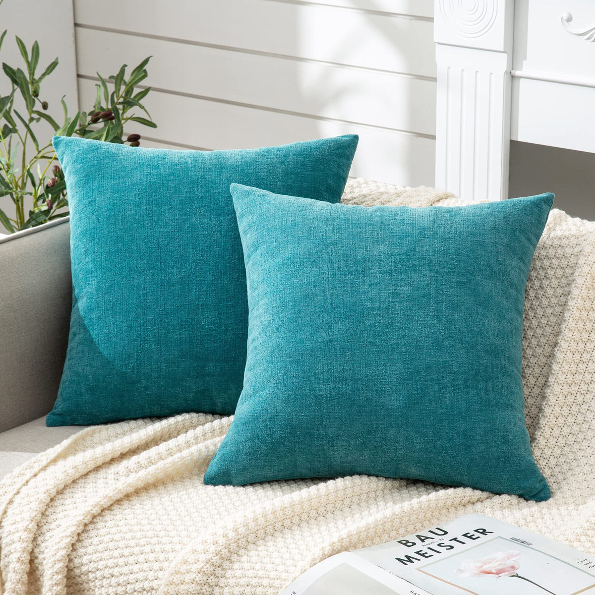GAWAMAY Decorative Square Throw Pillow Covers 18"x18" Inch Set of 2, Super Soft Chenille Pillows Cover Fall Pillowcase for Living Room Bedroom Sofa Couch Cushion Cover Navy Blue 45x45cm (Only Covers)