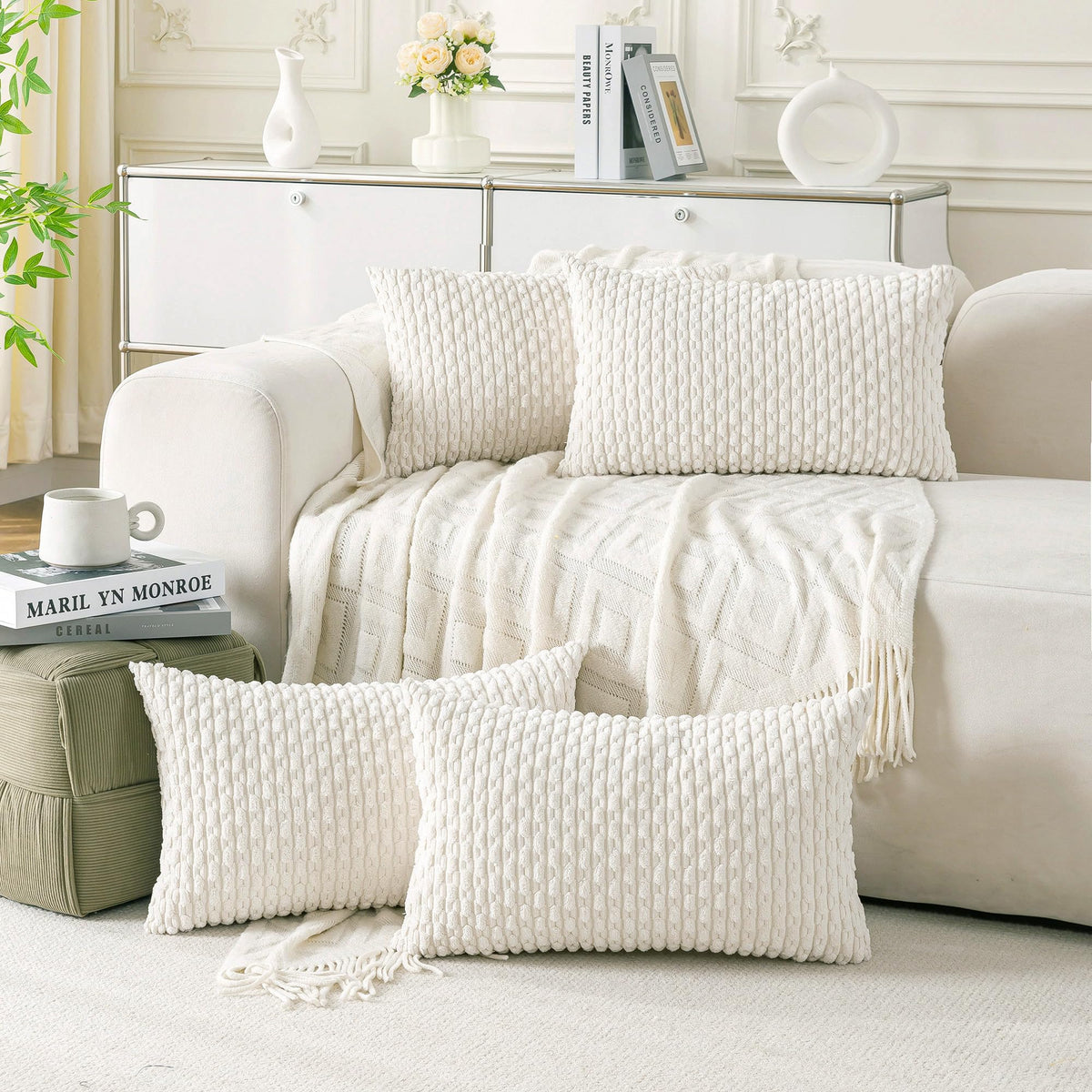 Set of 4 Neutral Decorative Throw Pillow Covers 18x18 Inch Corduroy Pillow Covers for Bed Couch Sofa Living Room Soft Square Cushion Cases