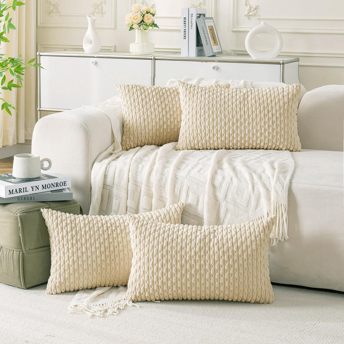 Set of 4 Neutral Decorative Throw Pillow Covers 18x18 Inch Corduroy Pillow Covers for Bed Couch Sofa Living Room Soft Square Cushion Cases