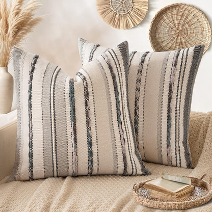 ANRODUO Boho Decorative Pillow Covers Olive Green Stripe 18x18 Pack of 2