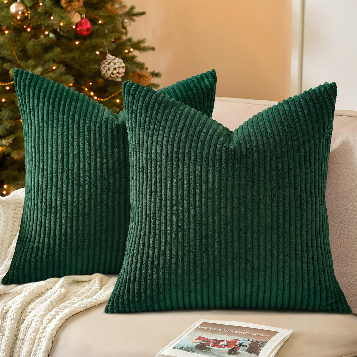 Mecatny Corduroy Fall Throw Pillow Covers 18x18 Set of 2 Olive Green