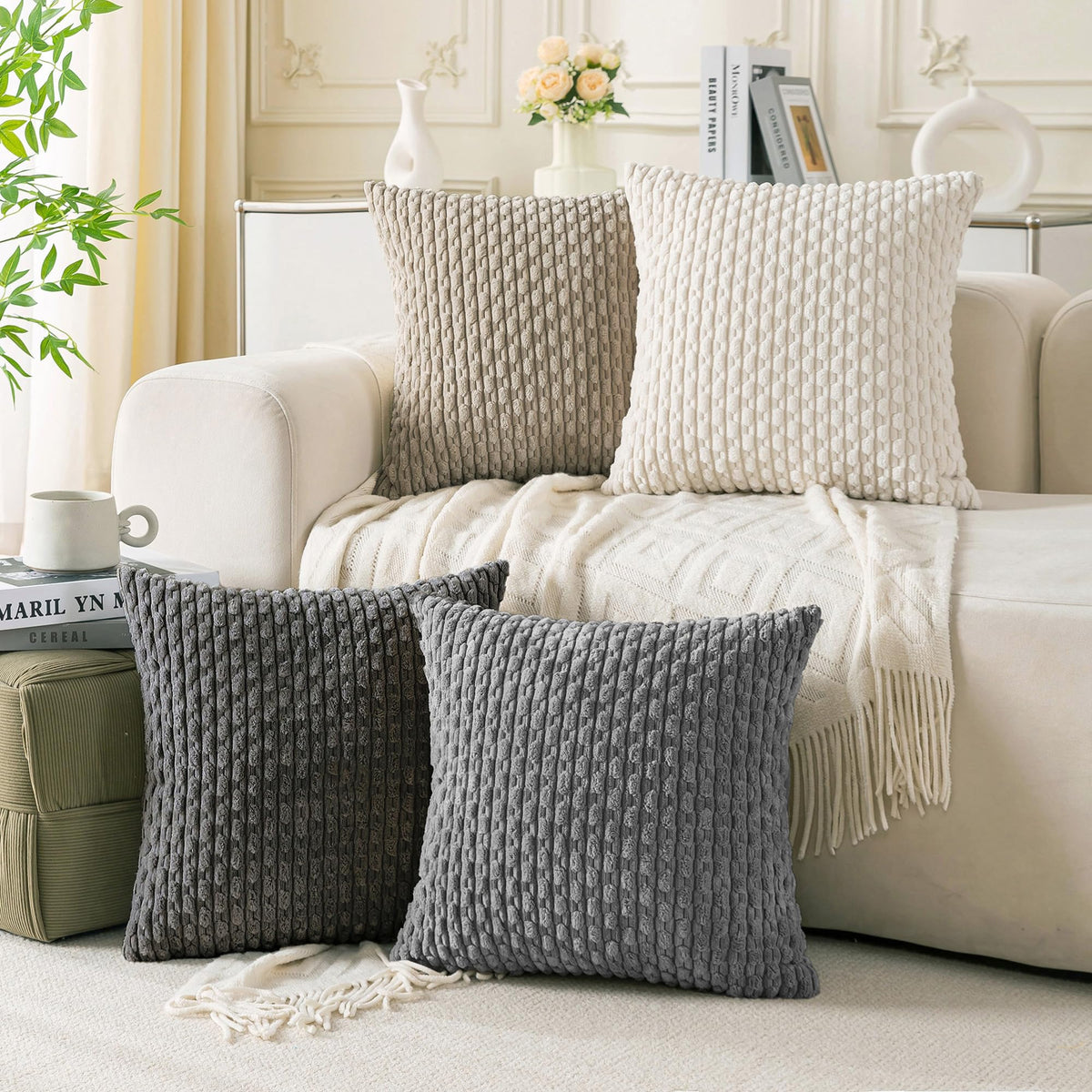 Set of 4 Neutral Decorative Throw Pillow Covers 18x18 Inch Corduroy Pillow Covers for Bed Couch Sofa Living Room Soft Square Cushion Cases