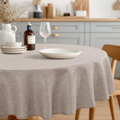 JIUZHEN Round Table Cloth Faux Linen Farmhouse Tablecloth Wrinkle and Stain Resistant Decorative Fabric Table Cover for Kitchen, Dining Room, Parties and Camping, Beige, 120 Inch Round