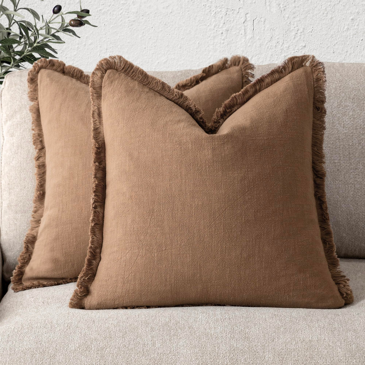 Foindtower Decorative Linen Fringe Throw Pillow Covers 20×20 Olive Green