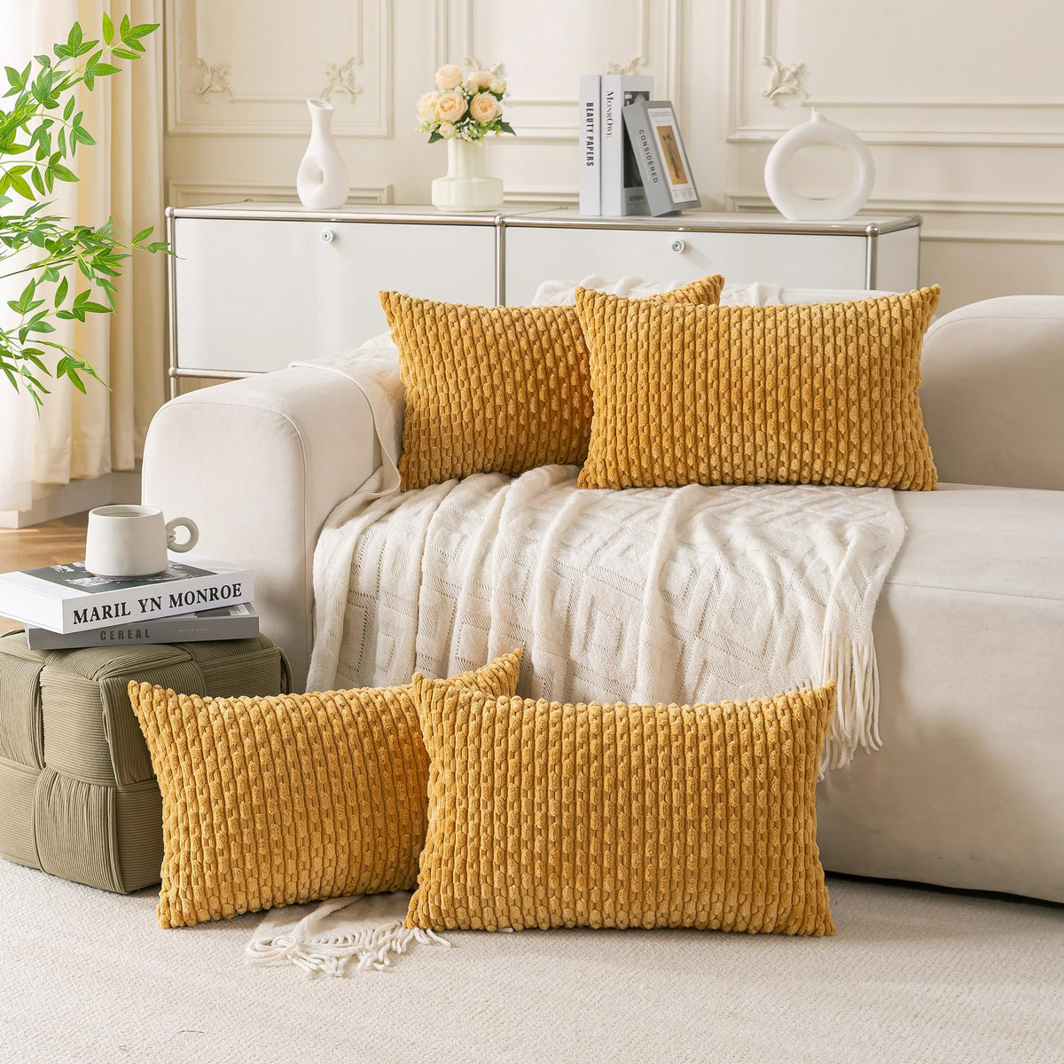 Set of 4 Neutral Decorative Throw Pillow Covers 18x18 Inch Corduroy Pillow Covers for Bed Couch Sofa Living Room Soft Square Cushion Cases