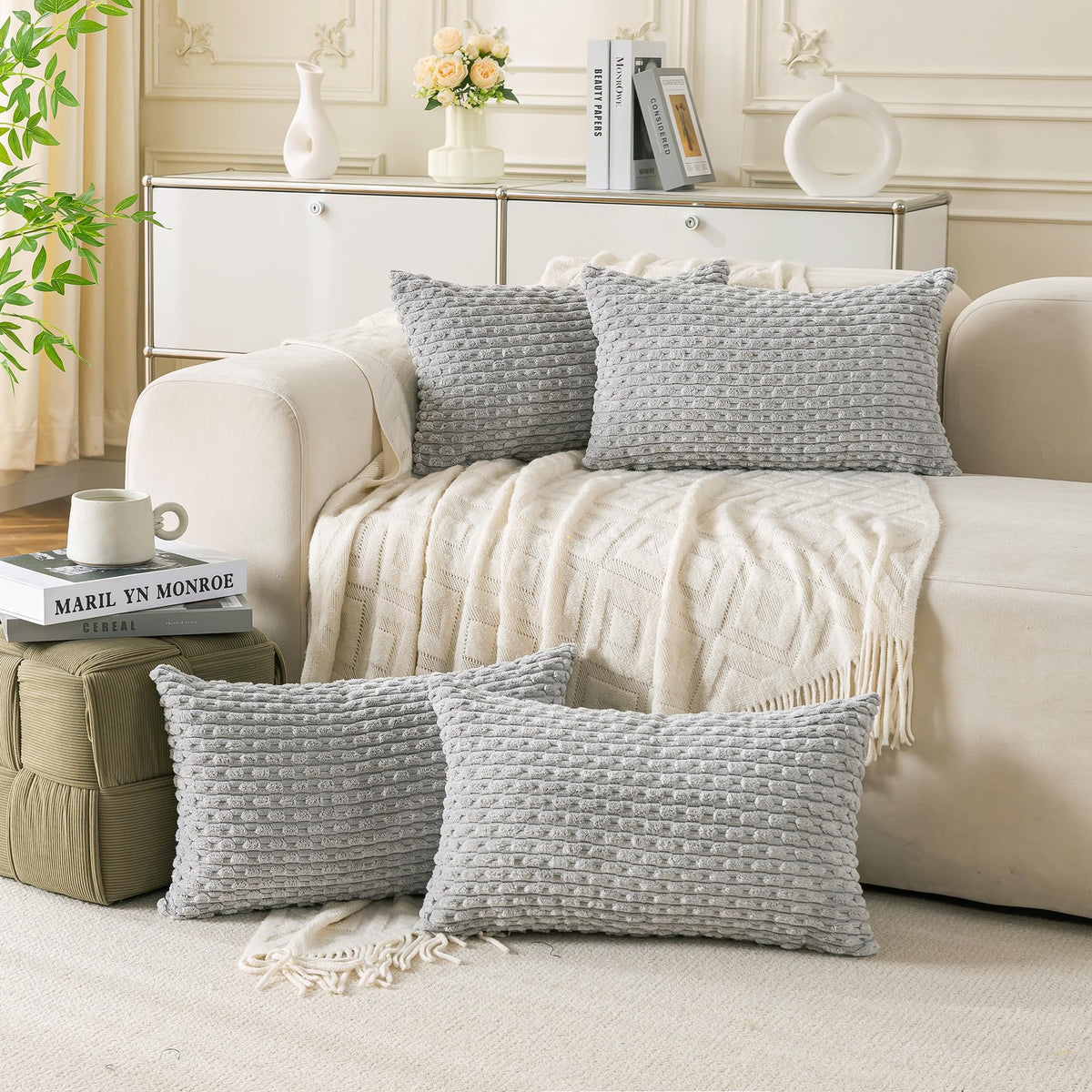 Set of 4 Neutral Decorative Throw Pillow Covers 18x18 Inch Corduroy Pillow Covers for Bed Couch Sofa Living Room Soft Square Cushion Cases