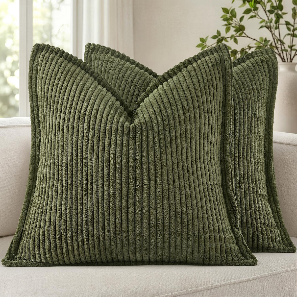 MIULEE Couch Pillow Covers 18x18 Olive Green Textured Corduroy
