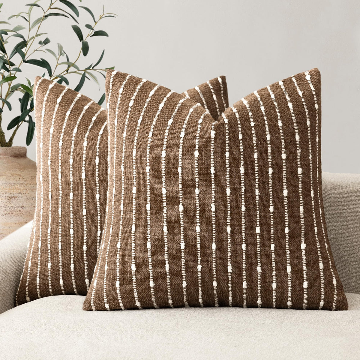 Foindtower Decorative Striped Boucle Throw Pillow Covers 18x18 Inch Camel