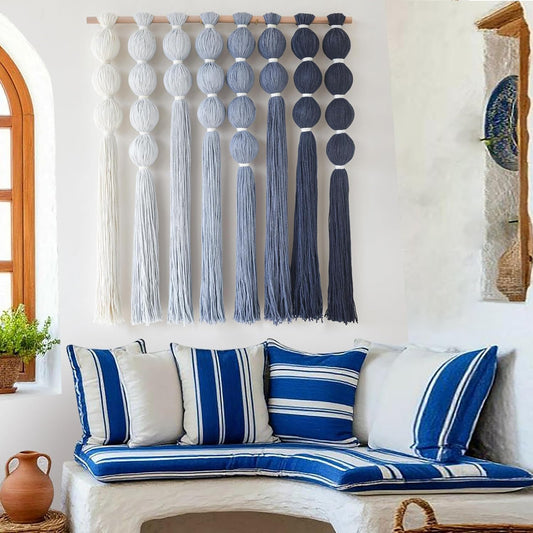 Macrame Wall Hanging Dip Dyed Blue Yarn Wall Art Tassel Decor 27" W*31" L