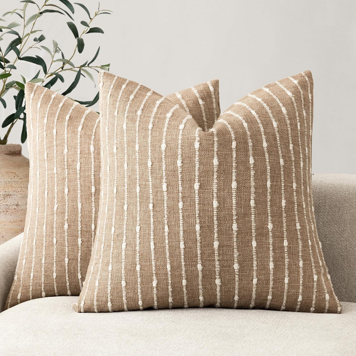 Foindtower Decorative Striped Boucle Throw Pillow Covers 18x18 Inch Camel