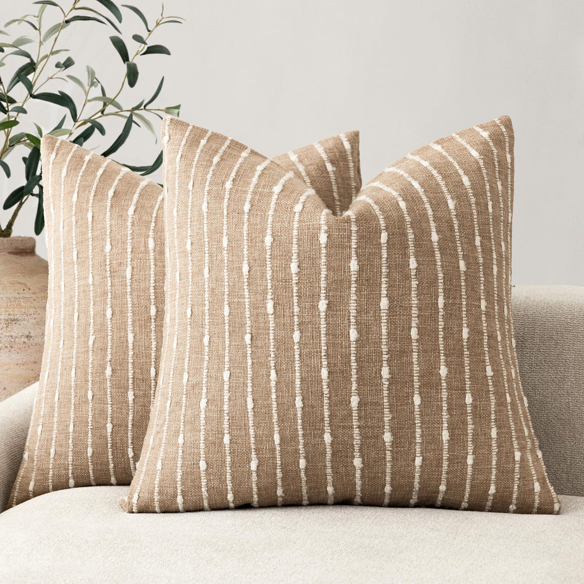 Foindtower Decorative Striped Boucle Throw Pillow Covers 18x18 Inch Camel
