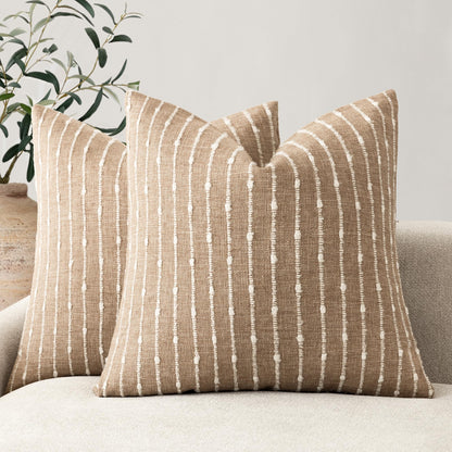 Foindtower Decorative Striped Boucle Throw Pillow Covers 18x18 Inch Camel