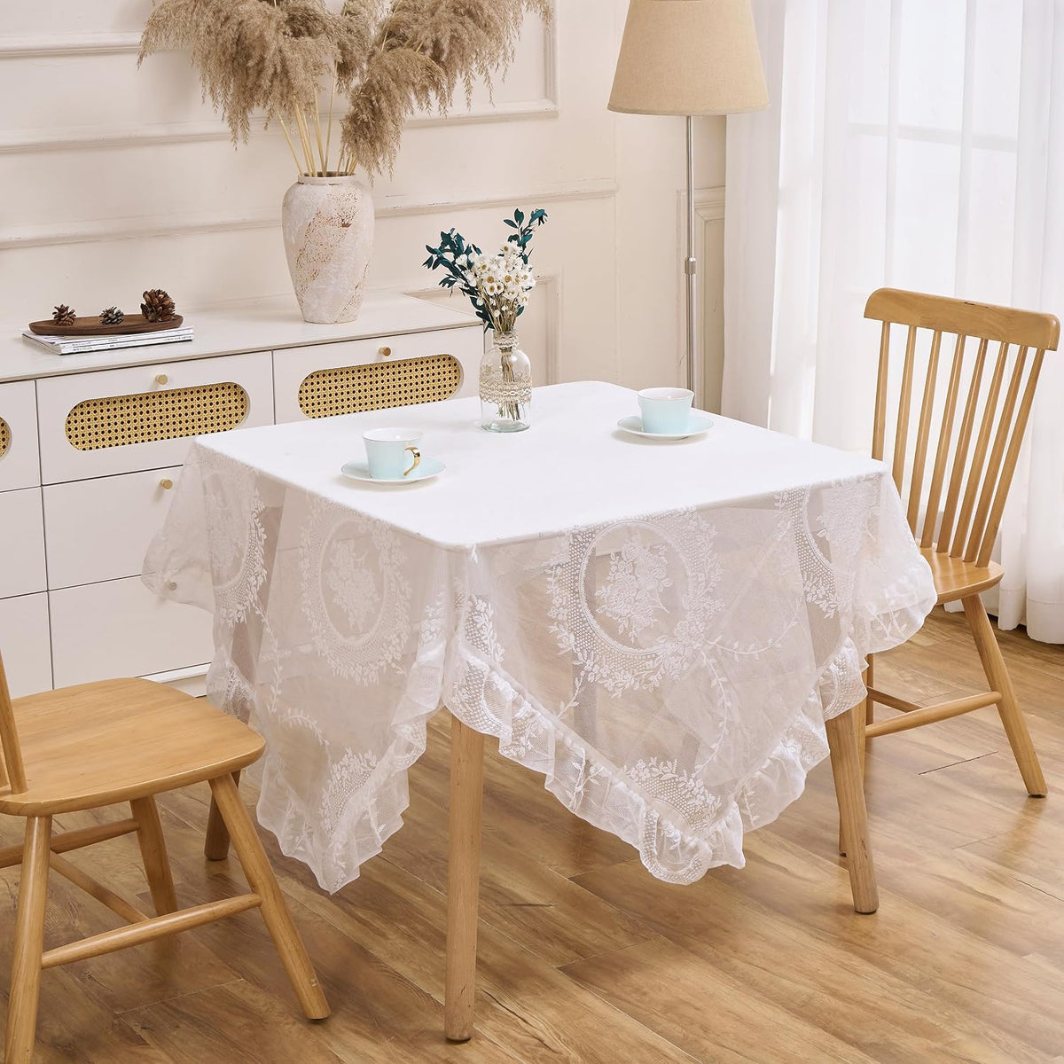 White Lace Floral Embroidered Square Tablecloth 55”x55” Table Cloth