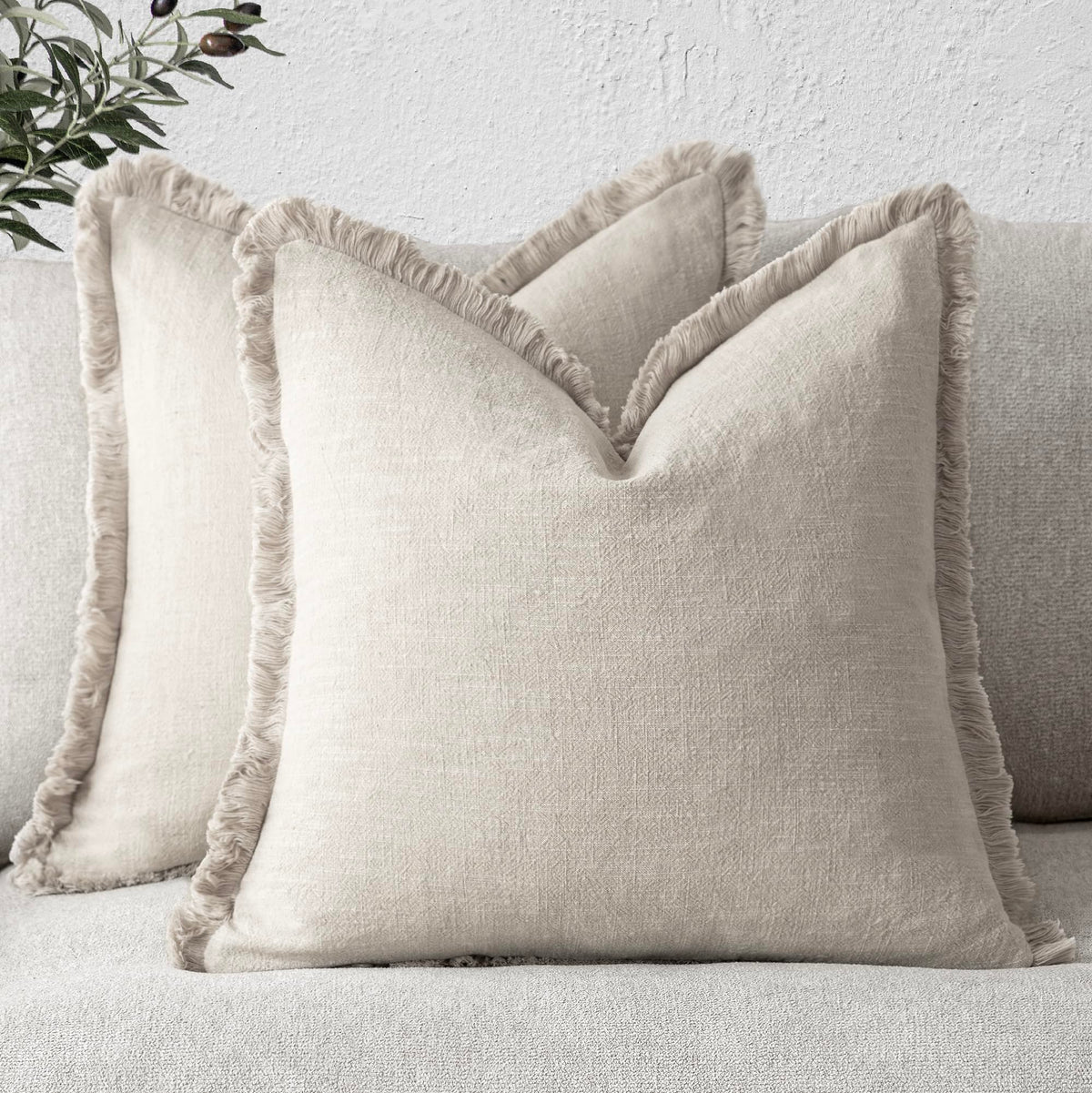 Foindtower Decorative Linen Fringe Throw Pillow Covers 20×20 Olive Green