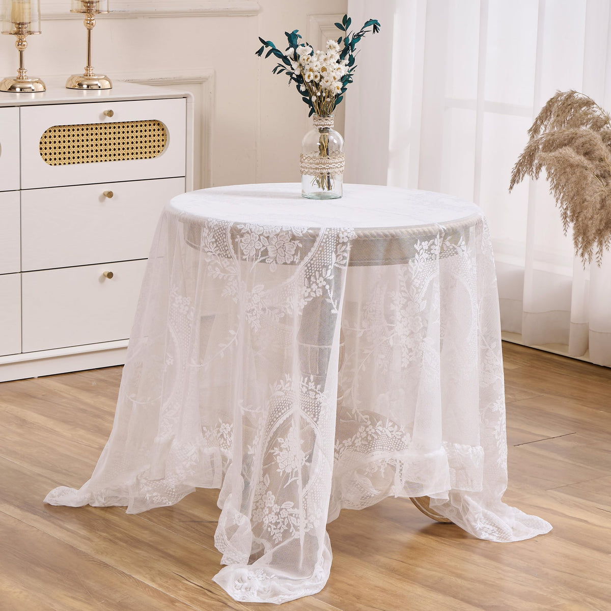 White Lace Floral Embroidered Square Tablecloth 55”x55” Table Cloth