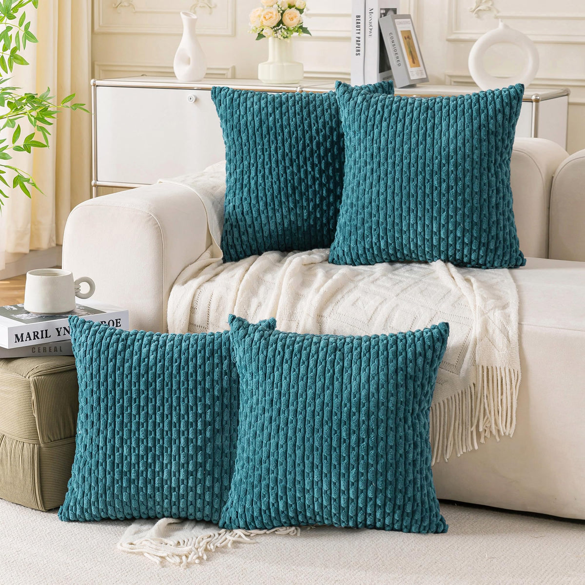Set of 4 Neutral Decorative Throw Pillow Covers 18x18 Inch Corduroy Pillow Covers for Bed Couch Sofa Living Room Soft Square Cushion Cases