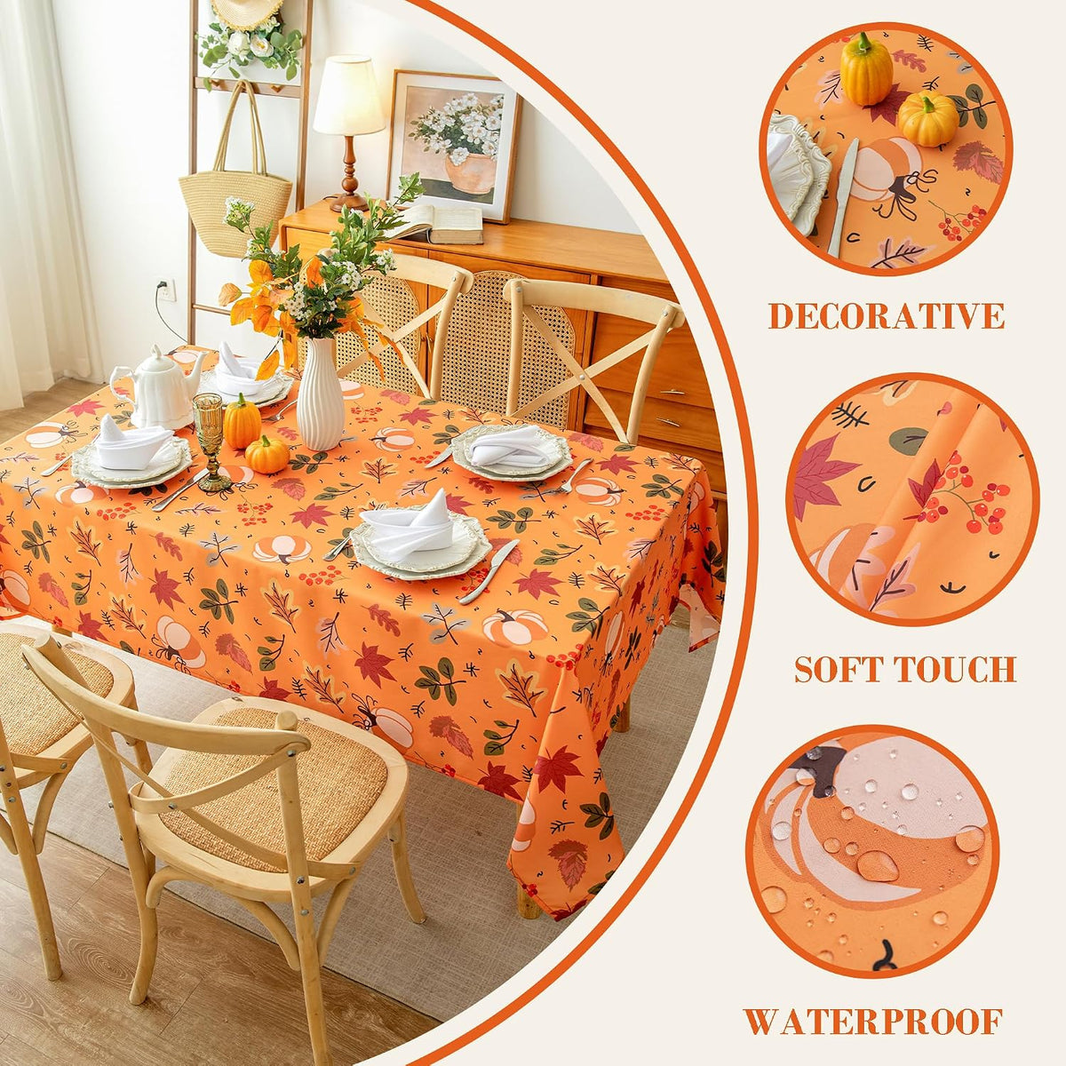 Thanksgiving Waterproof Tablecloth – Fall Harvest Pumpkins, Maple Leaves & Berries Print – Autumn Rectangle Table Cover for Dining or Party, Brown, W60 x L84 in