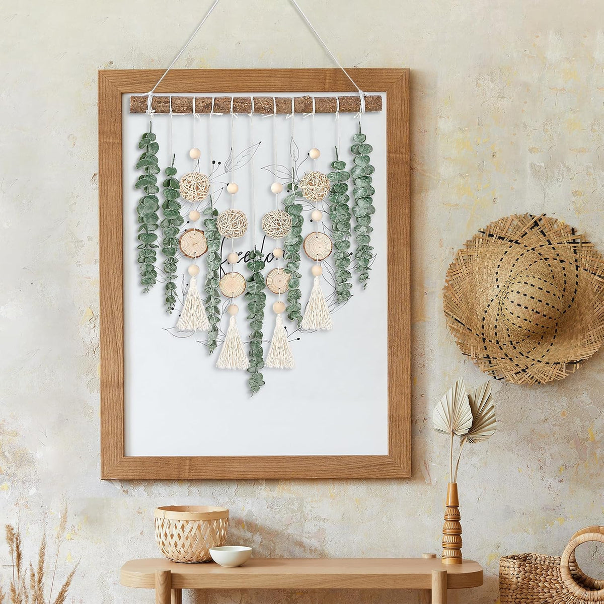 Sggvecsy 21’’ Eucalyptus Wall Hanging Decor Artificial Eucalyptus Plant Fake Greenery Leaves Boho Wall Decor with Wooden Stick for Bathroom Bedroom Kitchen Rustic Farmhouse Home Living Room Decoration